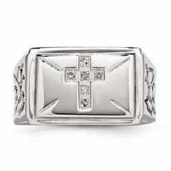 Stainless Steel Diamond Cross w/Textured Sides Polished Ring