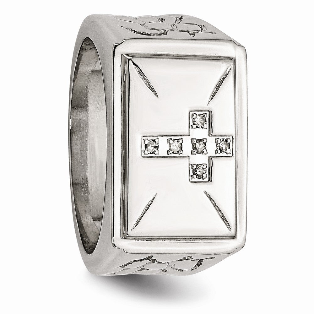 Stainless Steel Diamond Cross w/Textured Sides Polished Ring