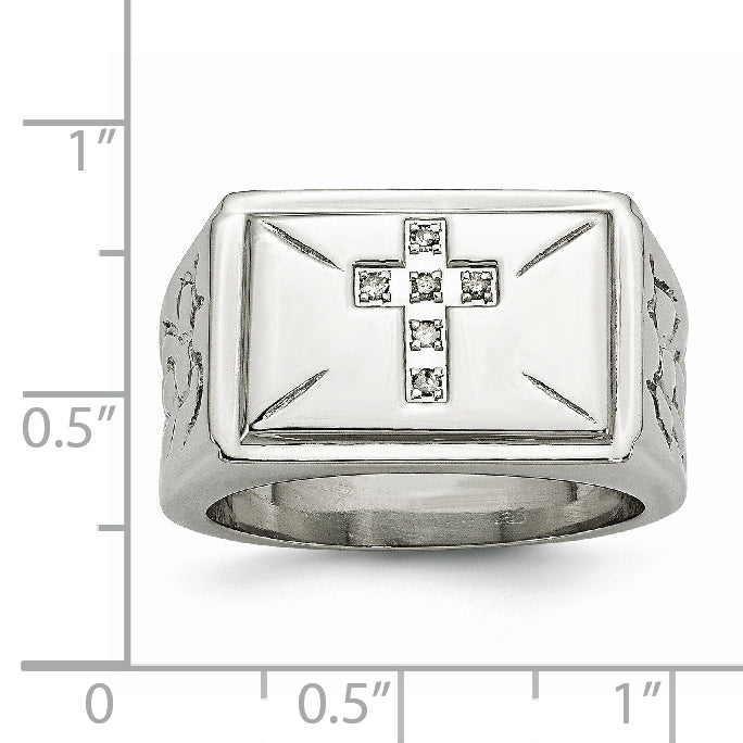 Stainless Steel Polished and Textured 1/15 Carat Diamond Cross 13.25mm Band