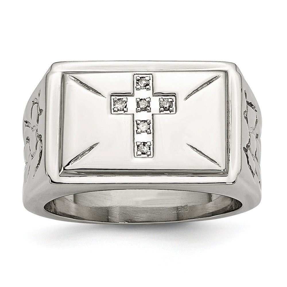 Stainless Steel Diamond Cross w/Textured Sides Polished Ring