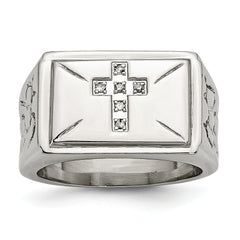 Stainless Steel Polished and Textured 1/15 Carat Diamond Cross 13.25mm Band