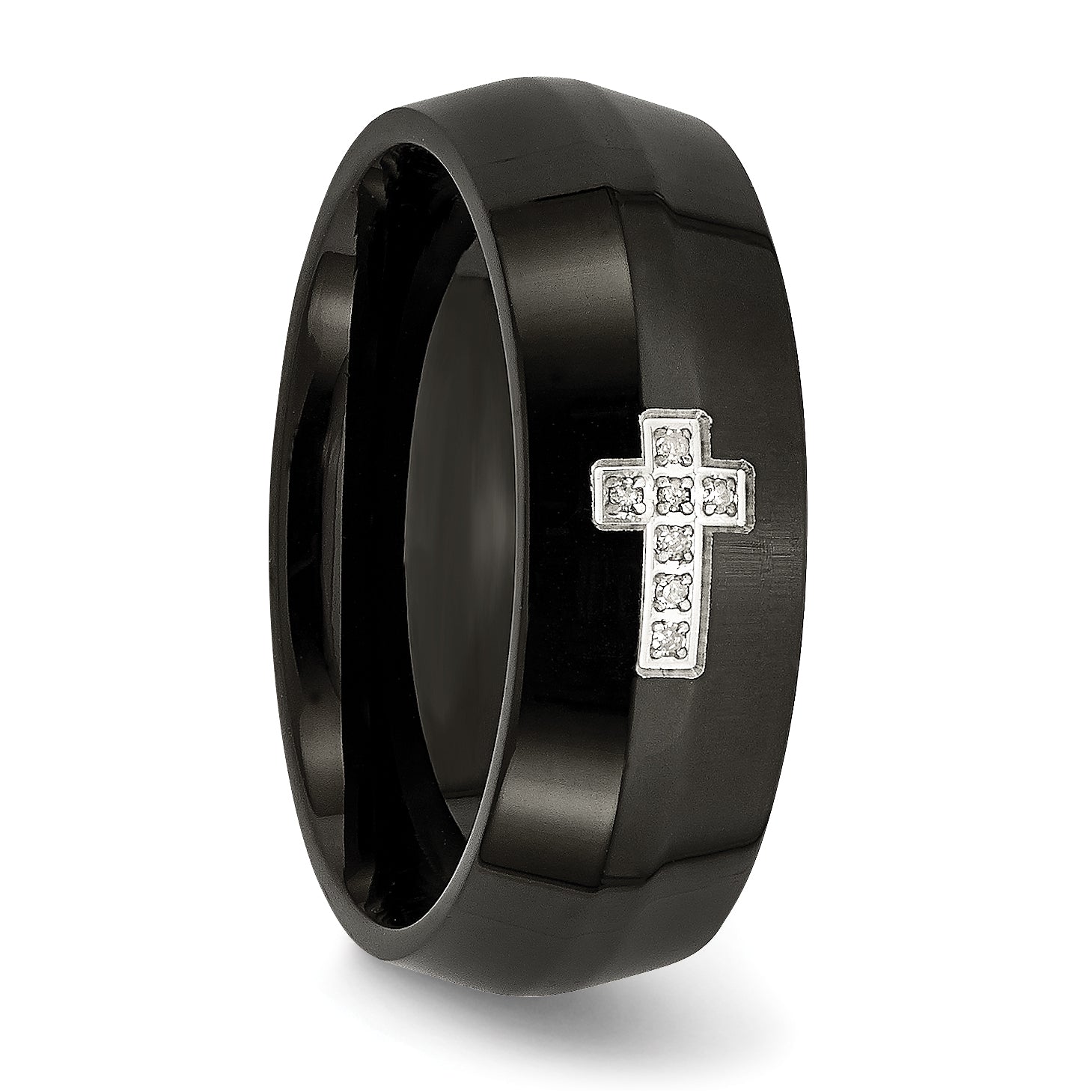 Stainless Steel Polished Black IP-plated 2pt Diamond Cross 8mm Band