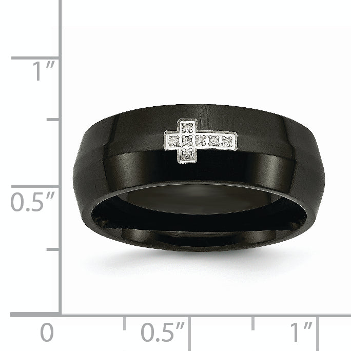 Stainless Steel Polished Black IP-plated 2pt Diamond Cross 8mm Band