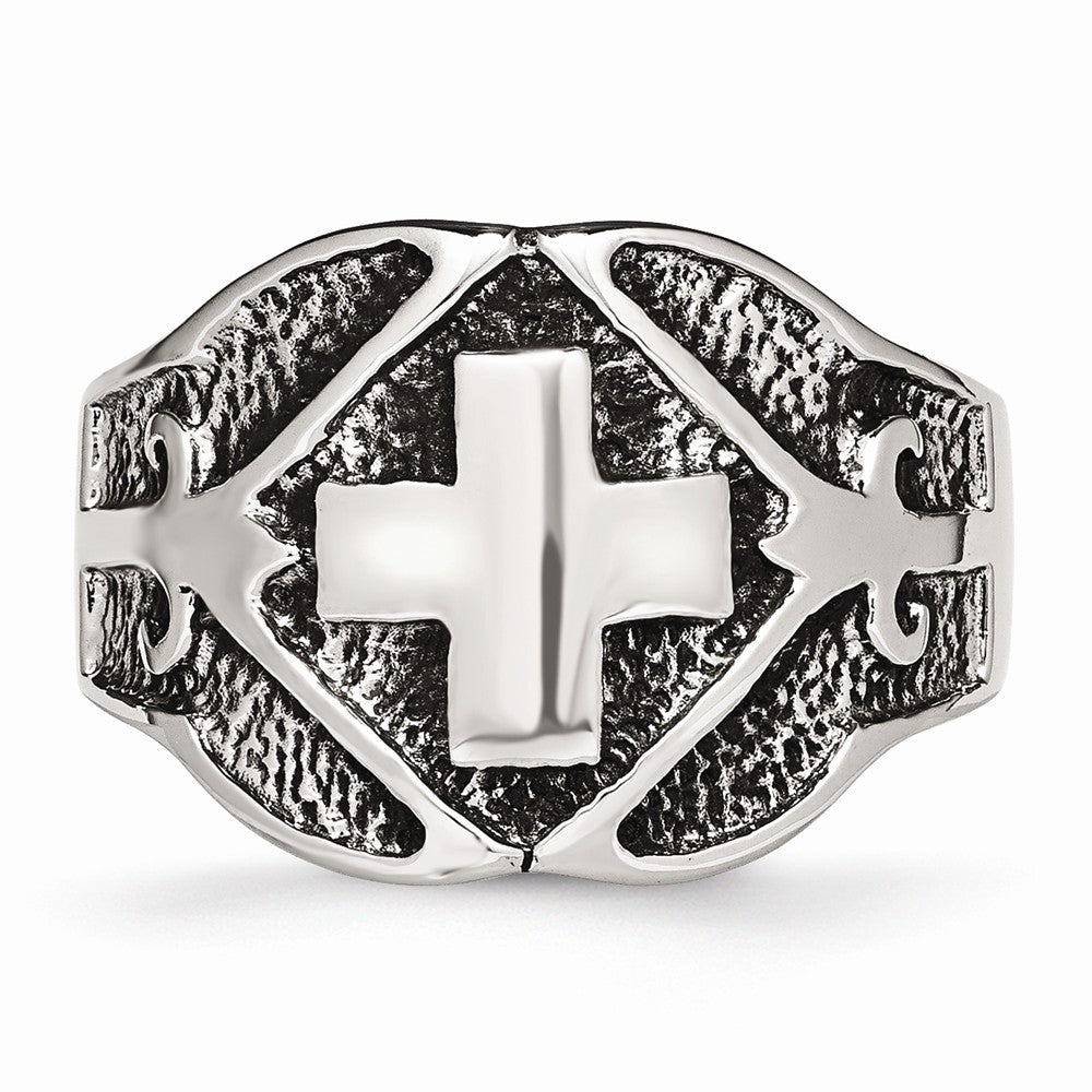 Stainless Steel Polished & Antiqued Cross Ring