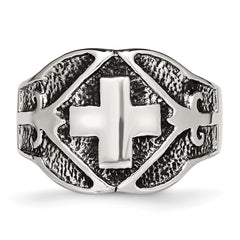 Stainless Steel Antiqued Polished and Textured Cross Ring