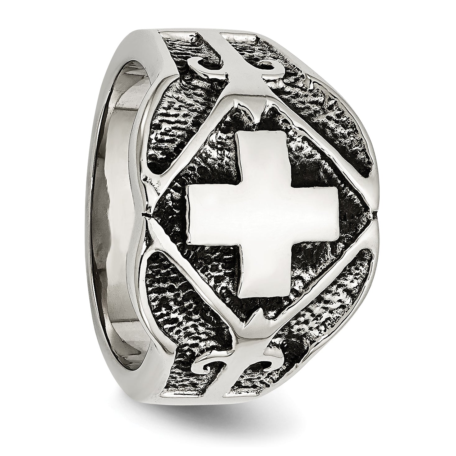 Stainless Steel Antiqued Polished and Textured Cross Ring