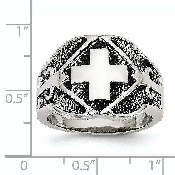 Stainless Steel Antiqued Polished and Textured Cross Ring