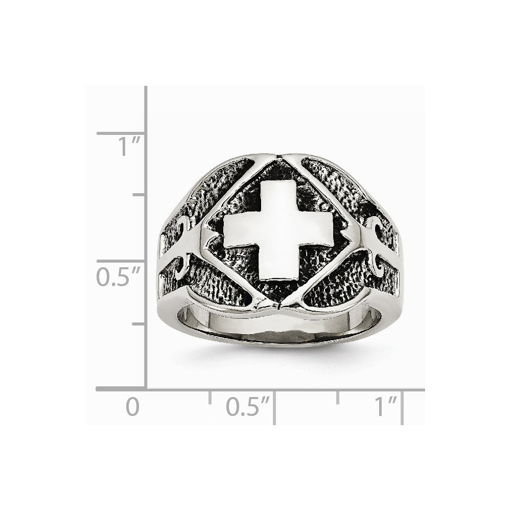 Stainless Steel Polished & Antiqued Cross Ring