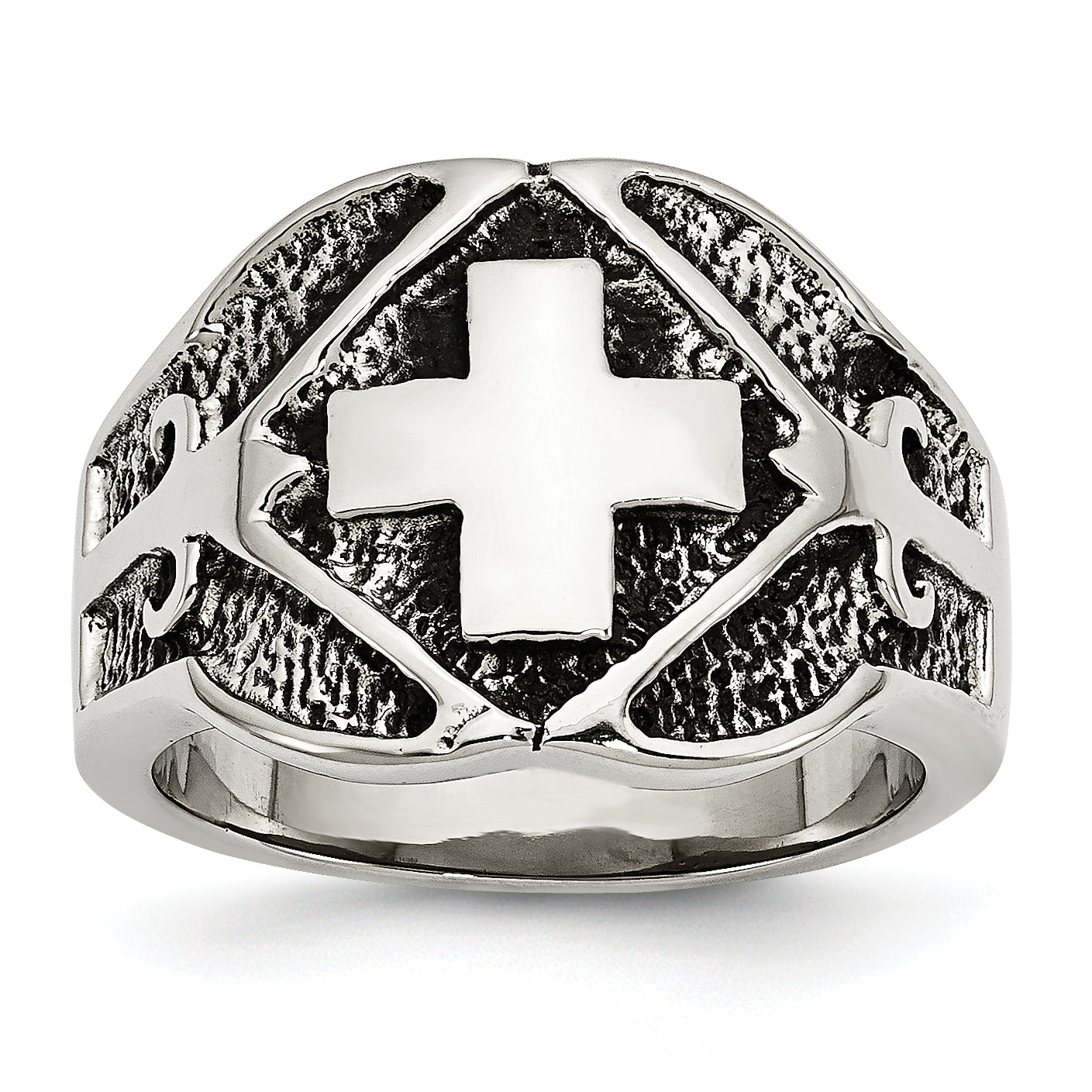 Stainless Steel Antiqued Polished and Textured Cross Ring