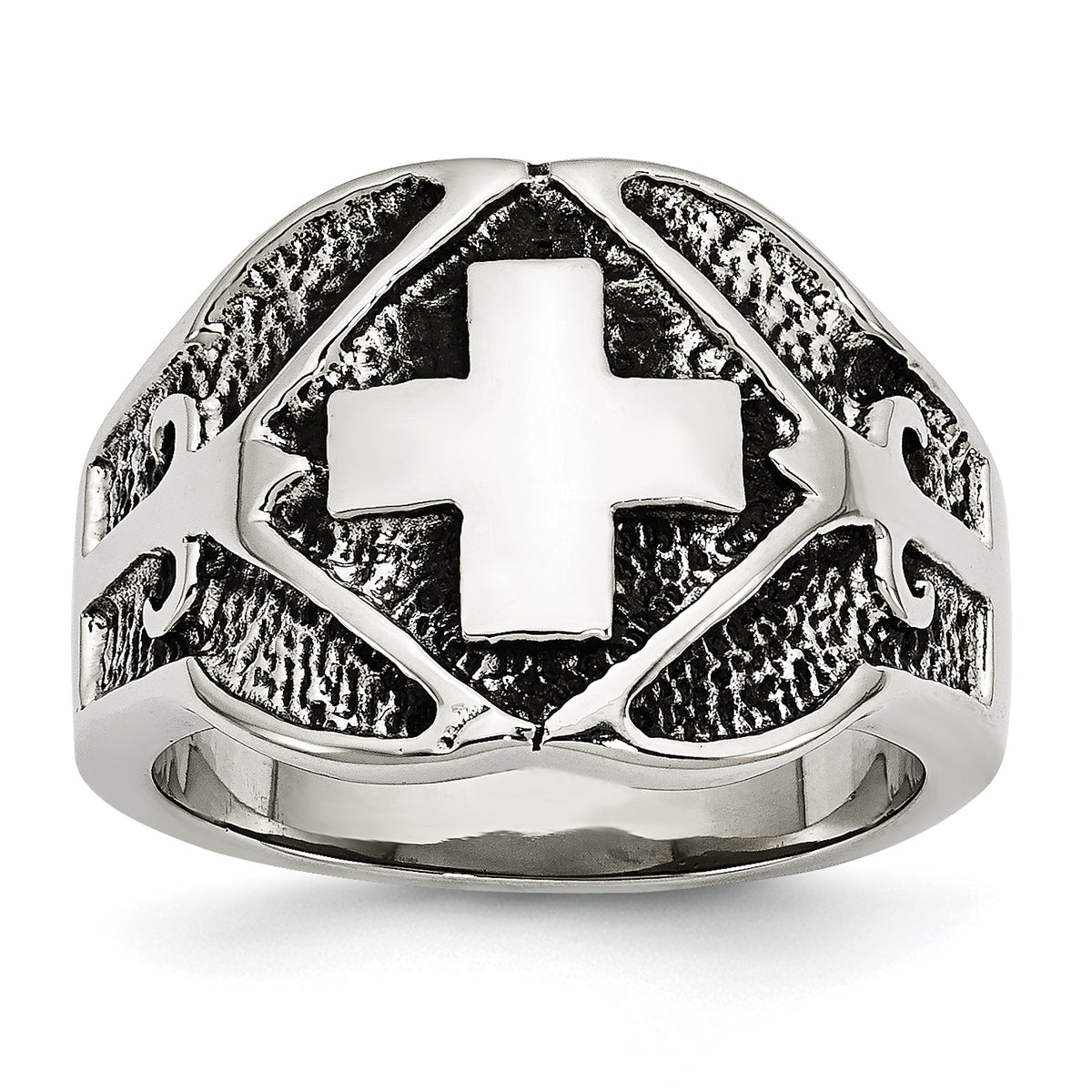 Stainless Steel Antiqued Polished and Textured Cross Ring