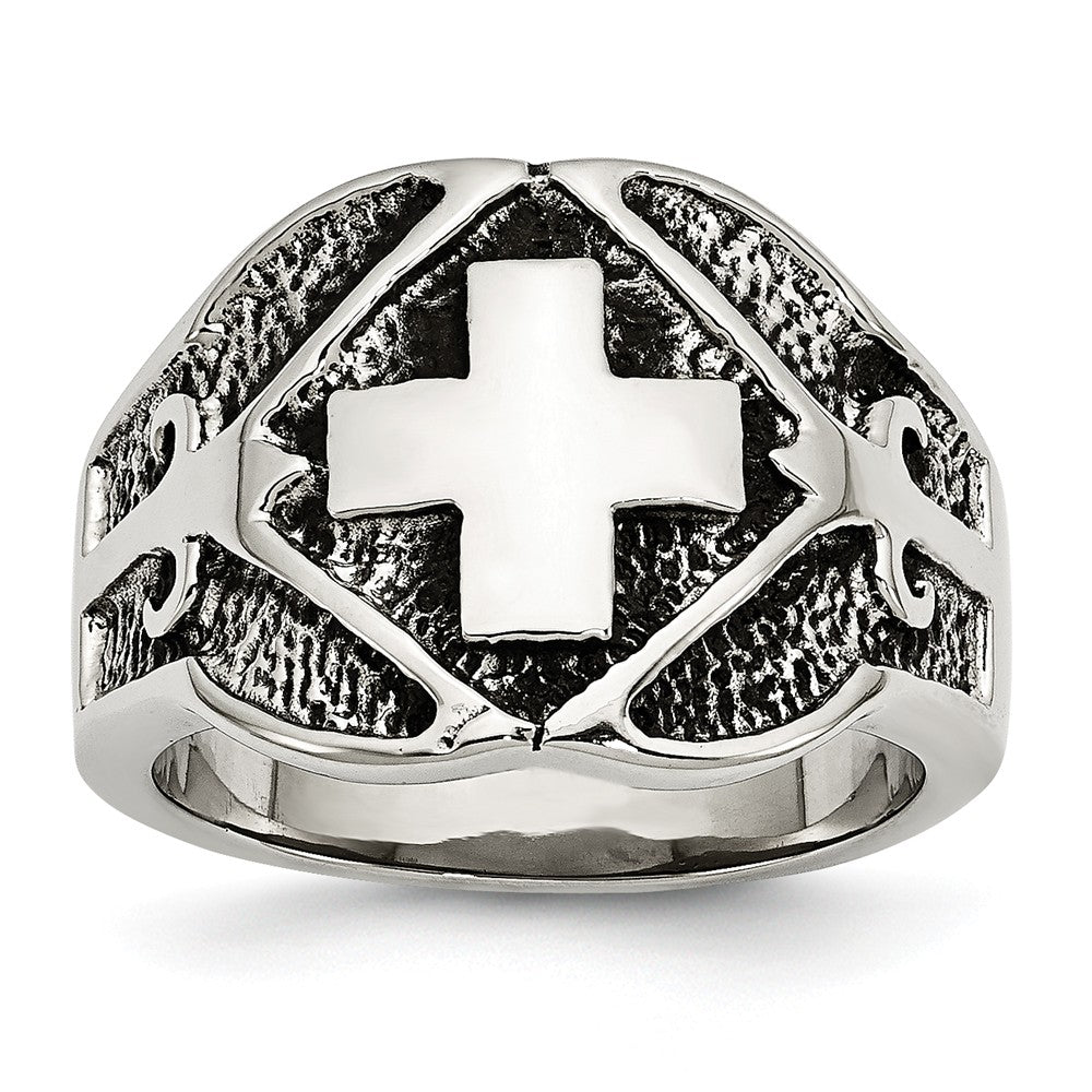 Stainless Steel Polished & Antiqued Cross Ring