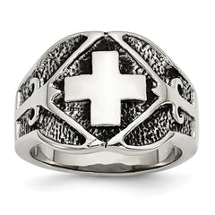 Stainless Steel Polished & Antiqued Cross Ring