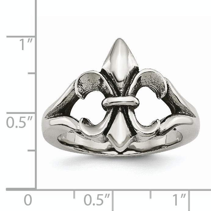 Stainless Steel Polished & Antiqued Fleur de lis Ring