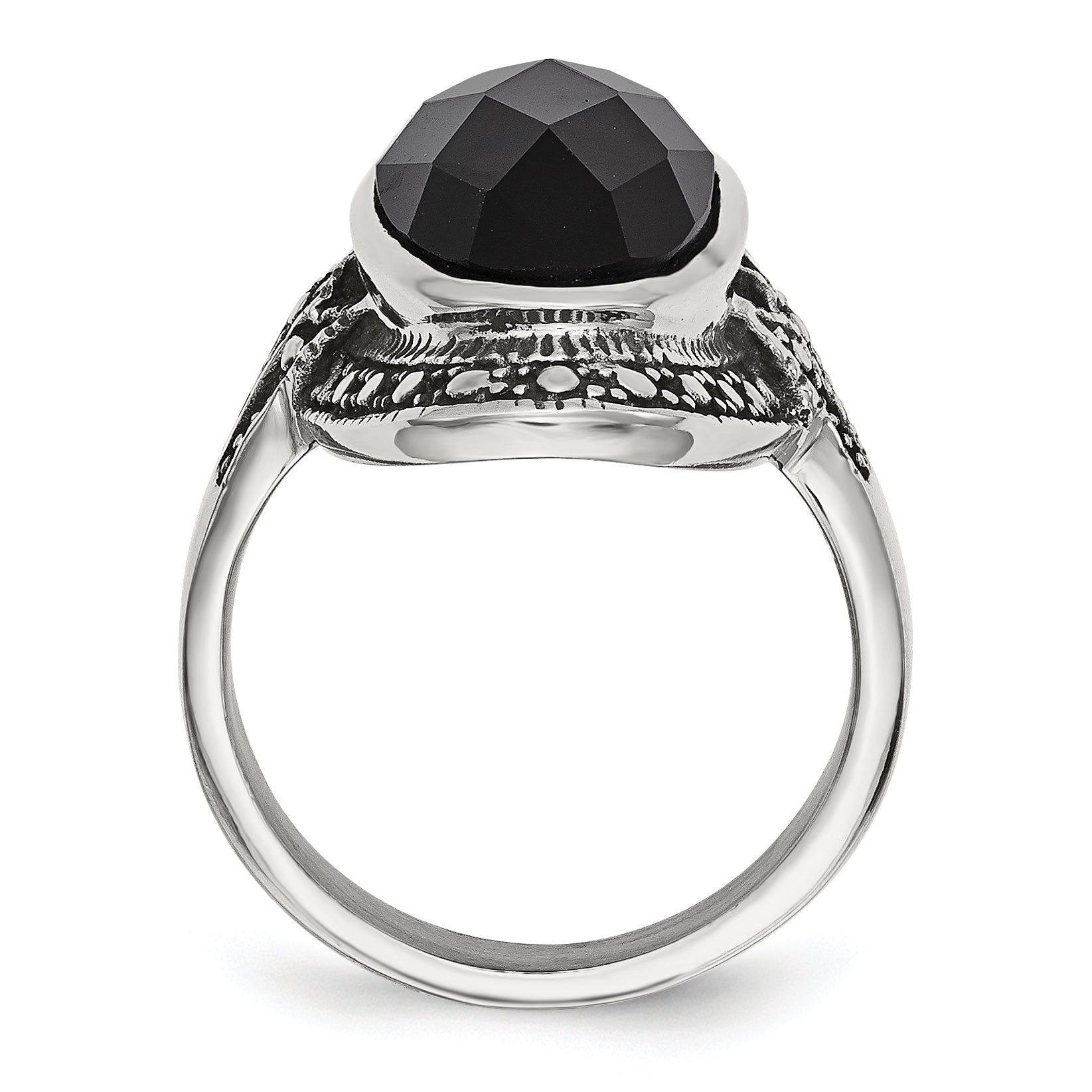 Stainless Steel Black Glass Antiqued Ring