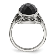 Stainless Steel Black Glass Antiqued Ring