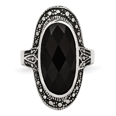 Stainless Steel Black Glass Antiqued Ring