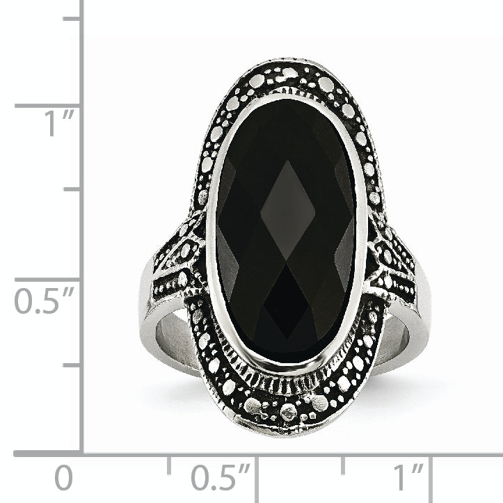 Stainless Steel Black Glass Antiqued Ring