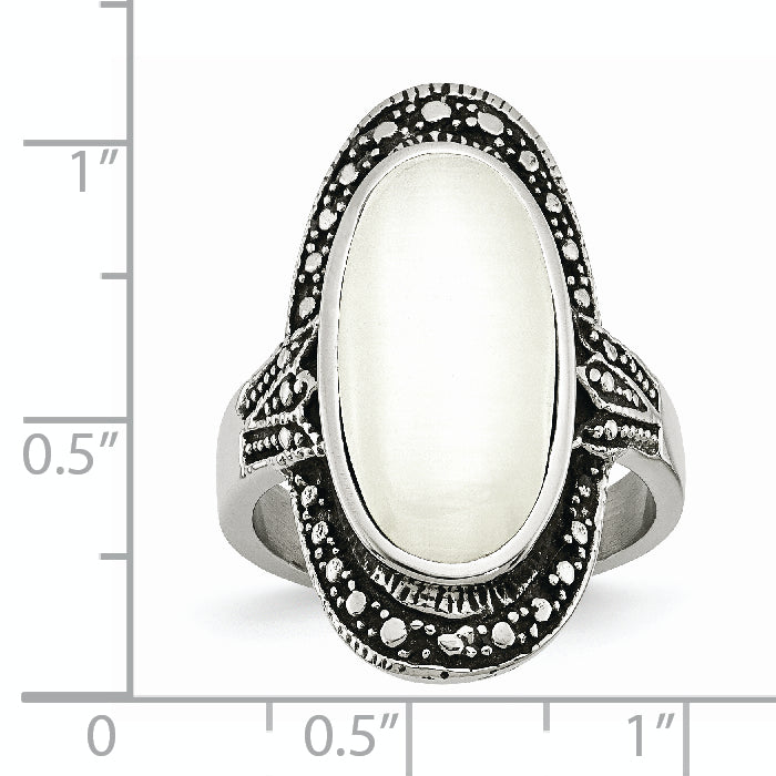 Stainless Steel Antiqued & White Cat's Eye Ring