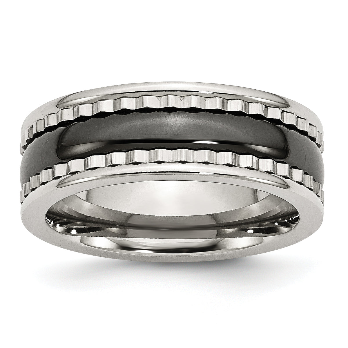 Stainless Steel with Sawtooth Accent & Black Ceramic Center Band