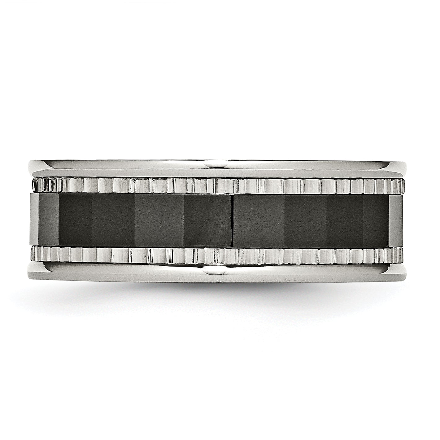 Stainless Steel WithSawtooth Accent/Black Ceramic Center Faceted Band