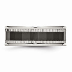 Stainless Steel Band with Black Ceramic Sawtooth Accent, Polished & Engravable