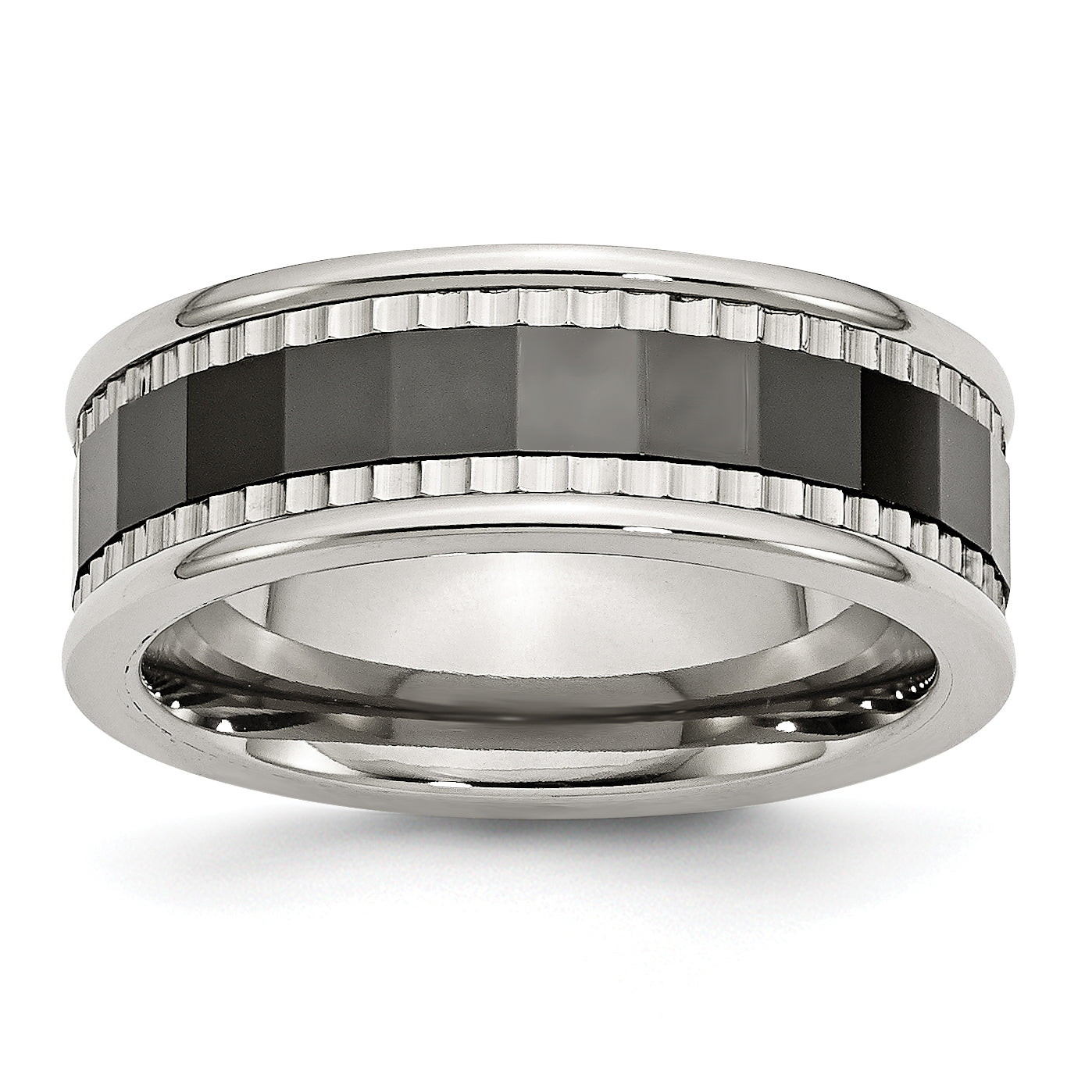 Stainless Steel WithSawtooth Accent/Black Ceramic Center Faceted Band