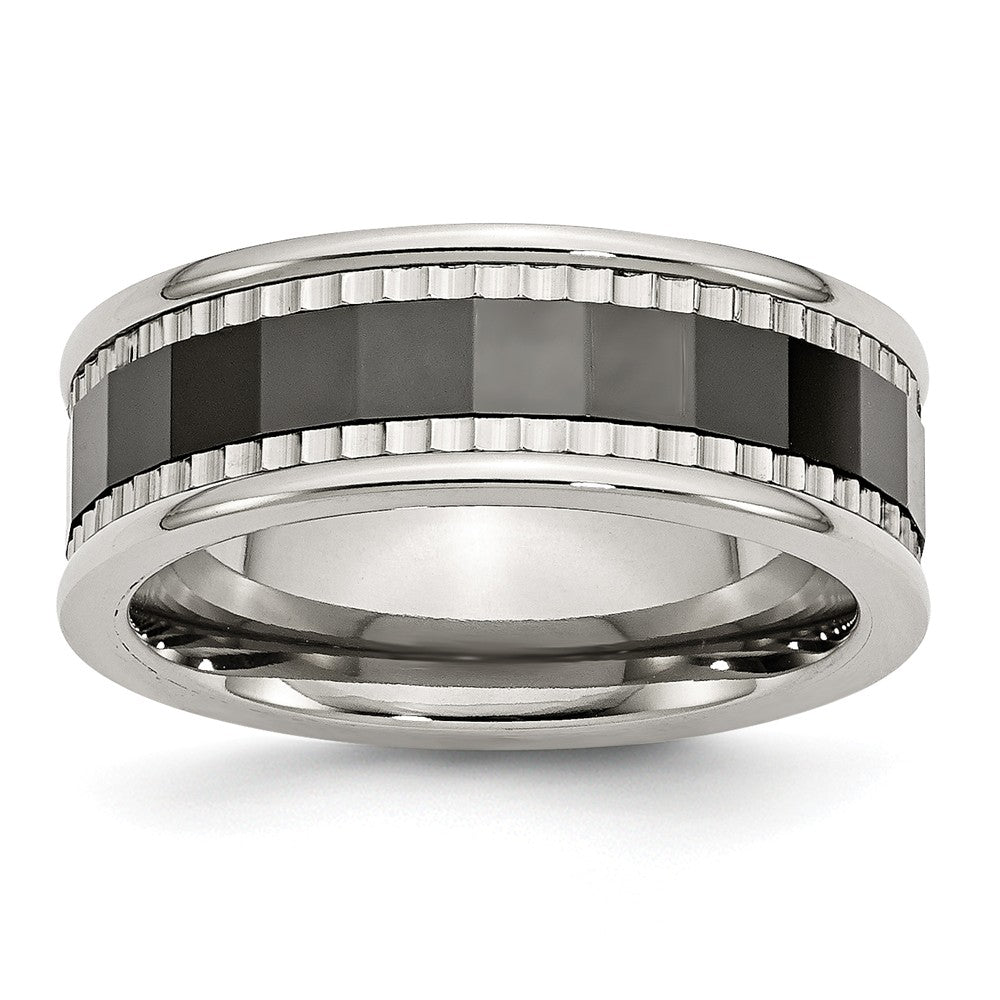 Stainless Steel Band with Black Ceramic Sawtooth Accent, Polished & Engravable