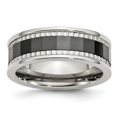 Stainless Steel WithSawtooth Accent/Black Ceramic Center Faceted Band