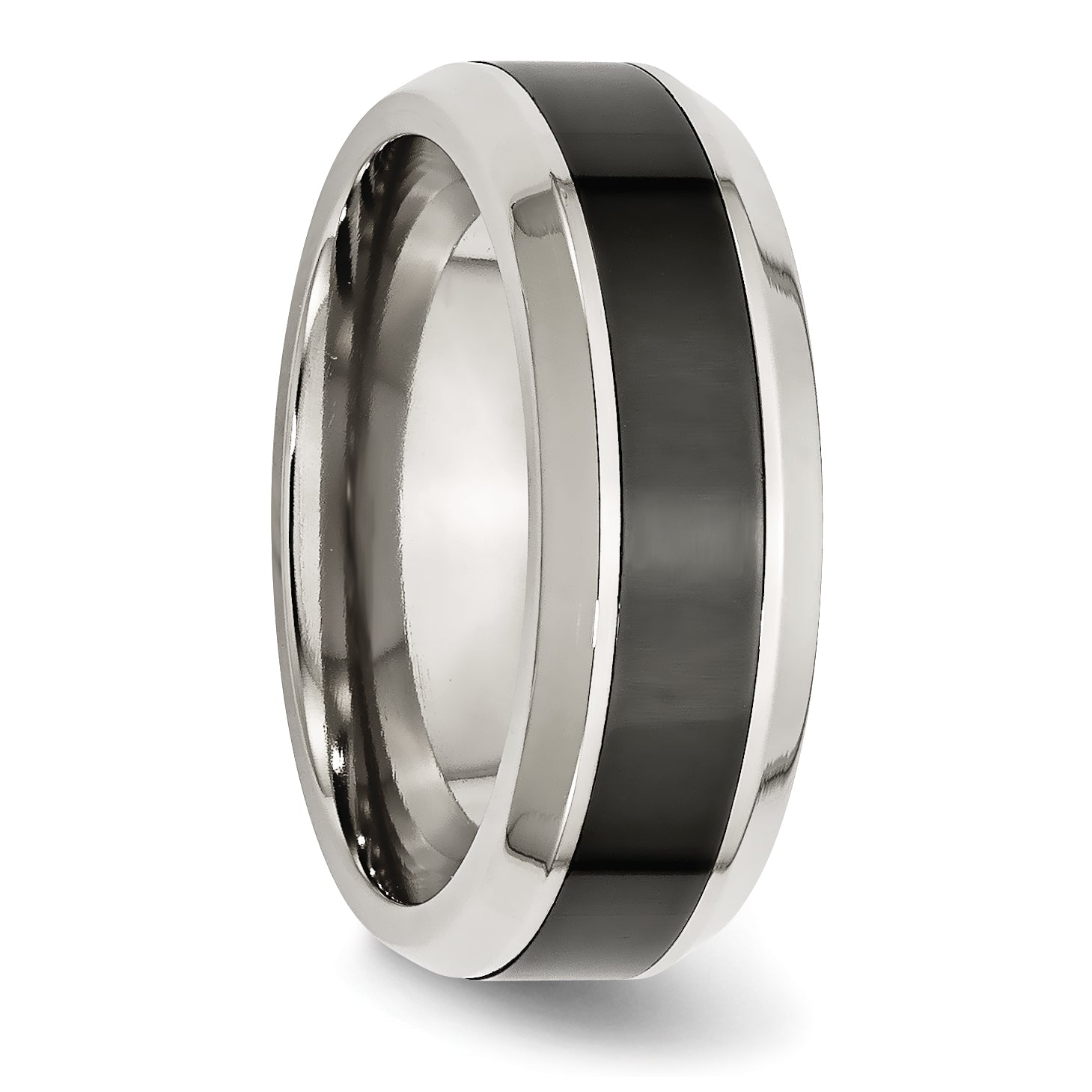 Stainless Steel Base with Polished Black Ceramic Center Beveled Band