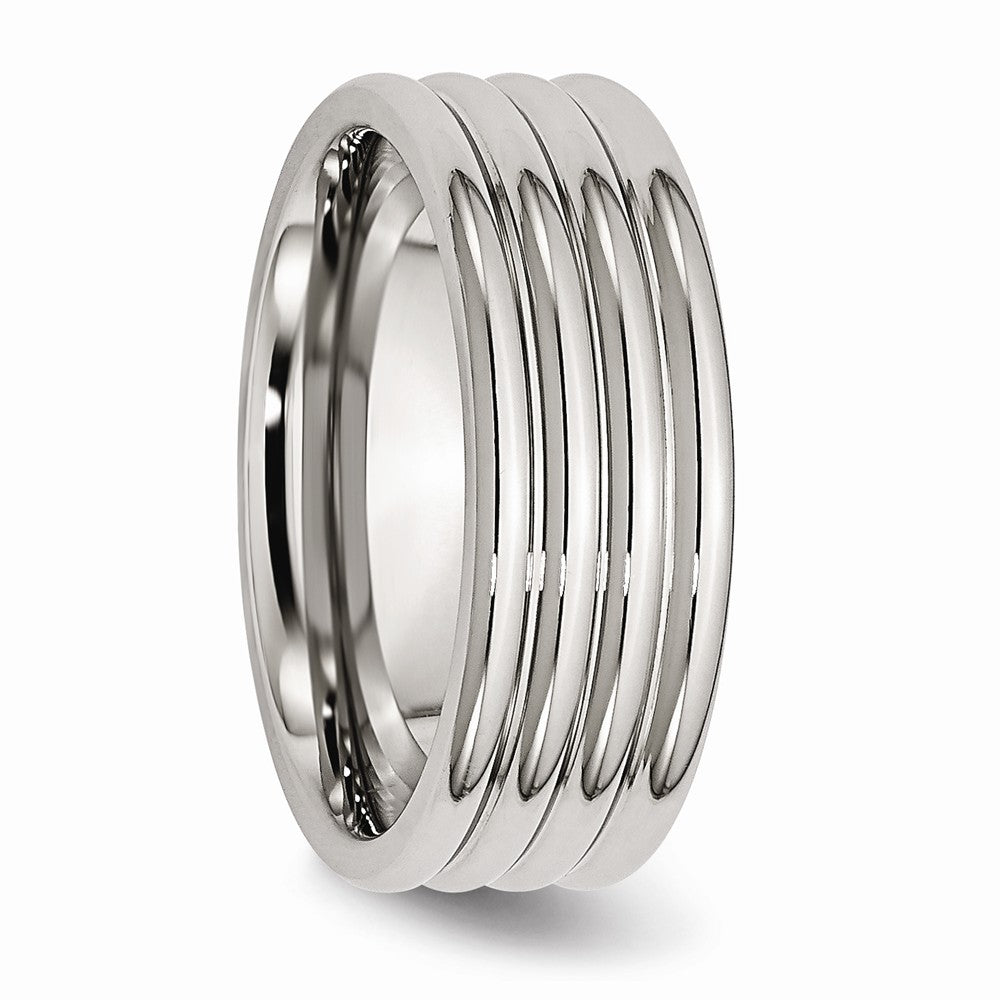 Stainless Steel Wedding Band with Grooved Design and Comfort Fit 8mm