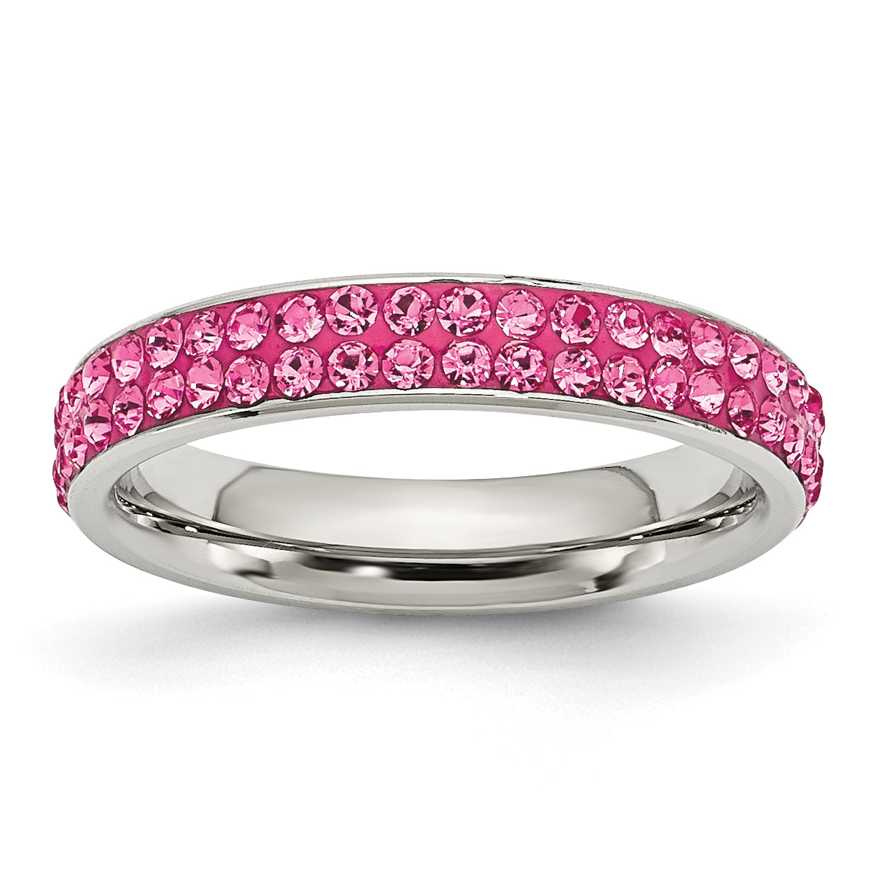 Stainless Steel 4mm Polished Pink Crystal Ring