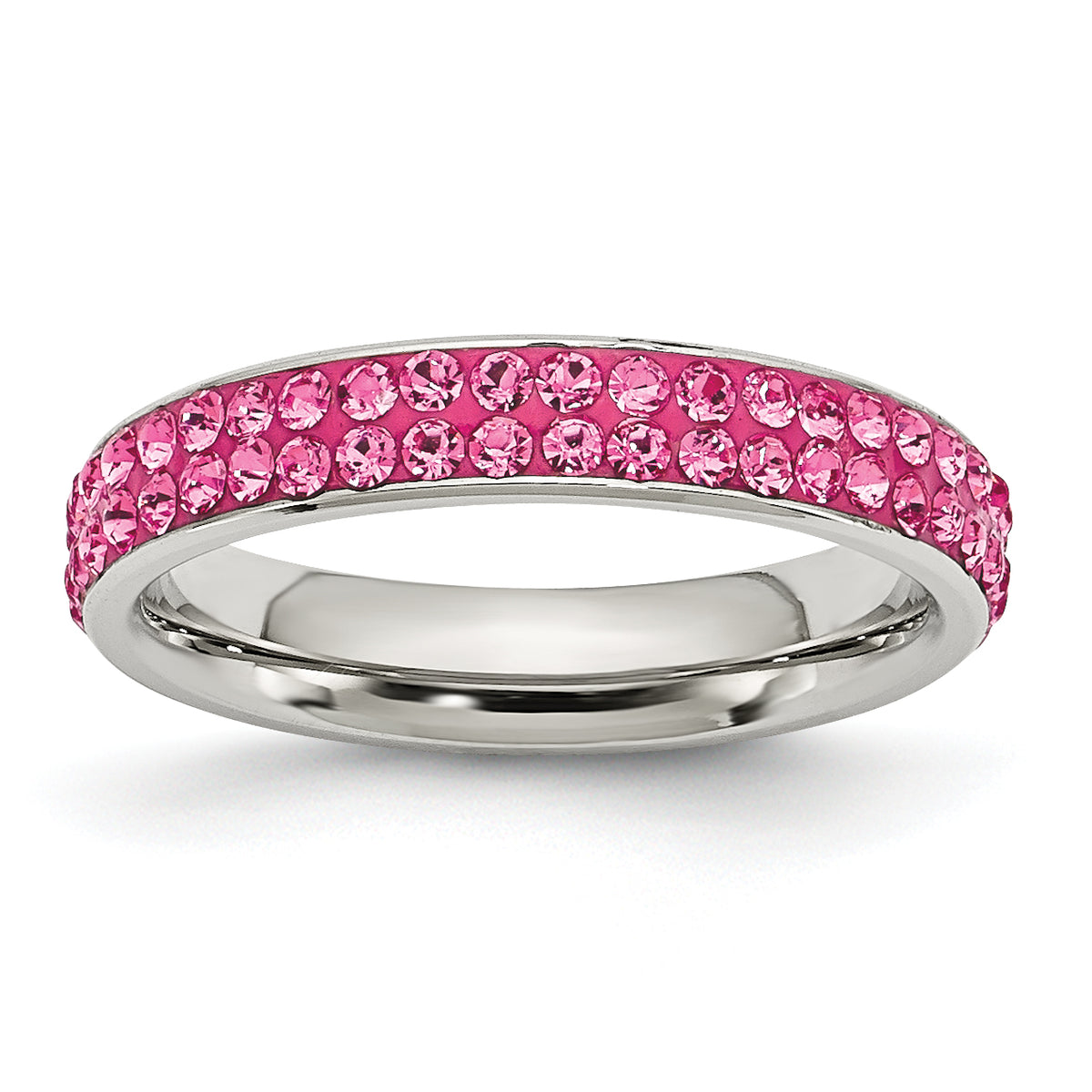 Stainless Steel 4mm Polished Pink Crystal Ring