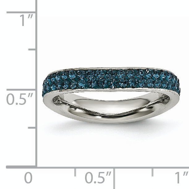 Stainless Steel 4mm Polished Blue Crystal Wavy Ring