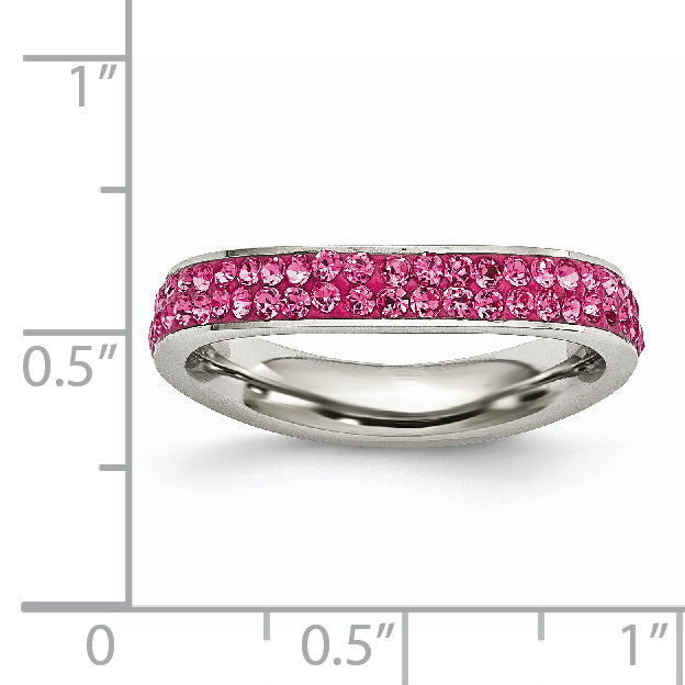 Stainless Steel 4mm Polished Pink Crystal Ring