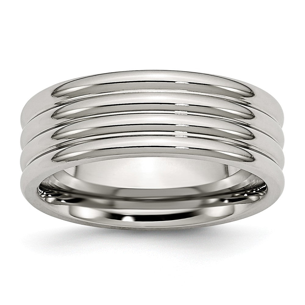 Stainless Steel Wedding Band with Grooved Design and Comfort Fit 8mm