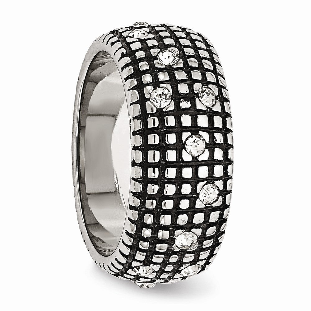 Stainless Steel Crystal-Accented Polished Antiqued Band by Sophia Jewelers