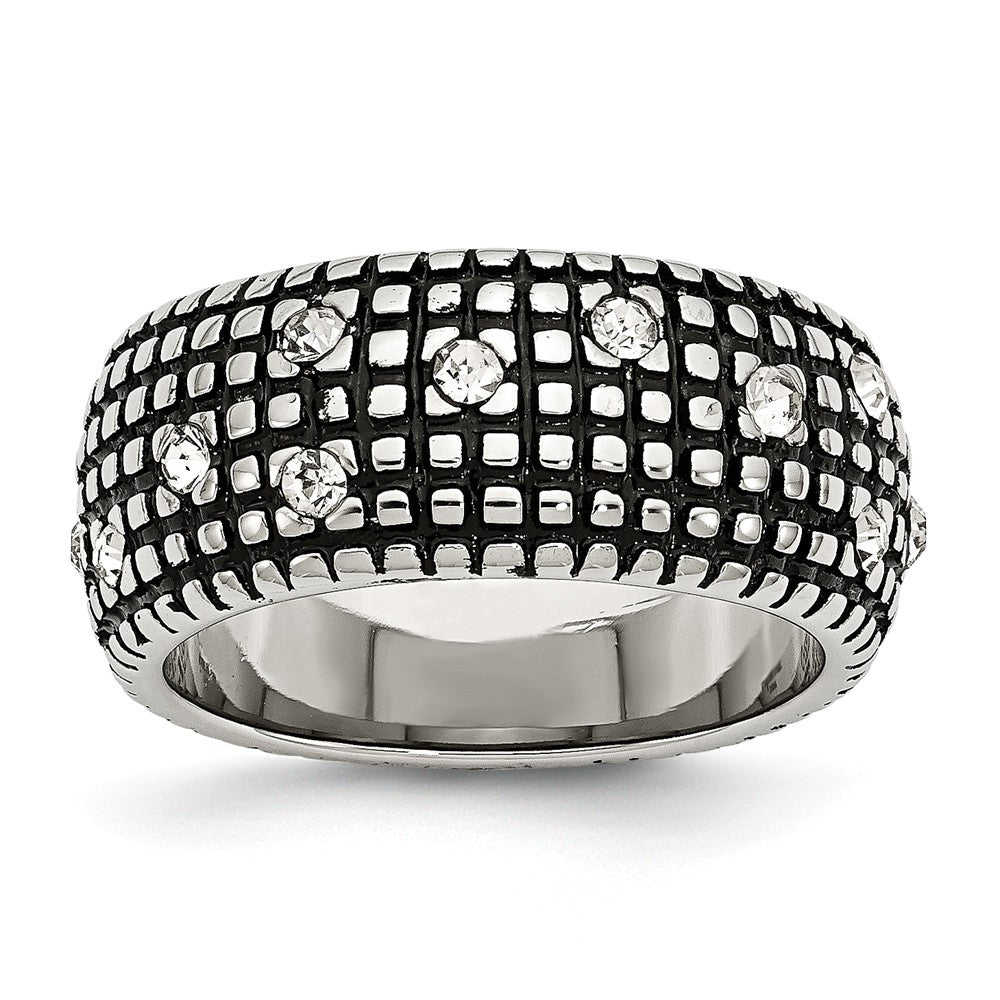 Stainless Steel Crystal-Accented Polished Antiqued Band by Sophia Jewelers