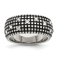 Stainless Steel Crystal-Accented Polished Antiqued Band by Sophia Jewelers