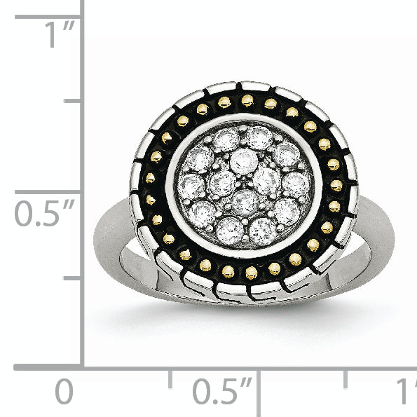 Stainless Steel CZ with Yellow IP-plated Accent Antiqued Ring