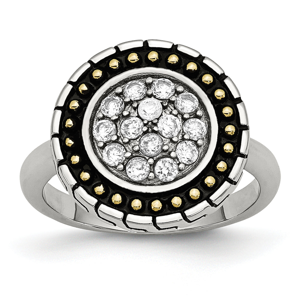 Stainless Steel CZ with Yellow IP-plated Accent Antiqued Ring