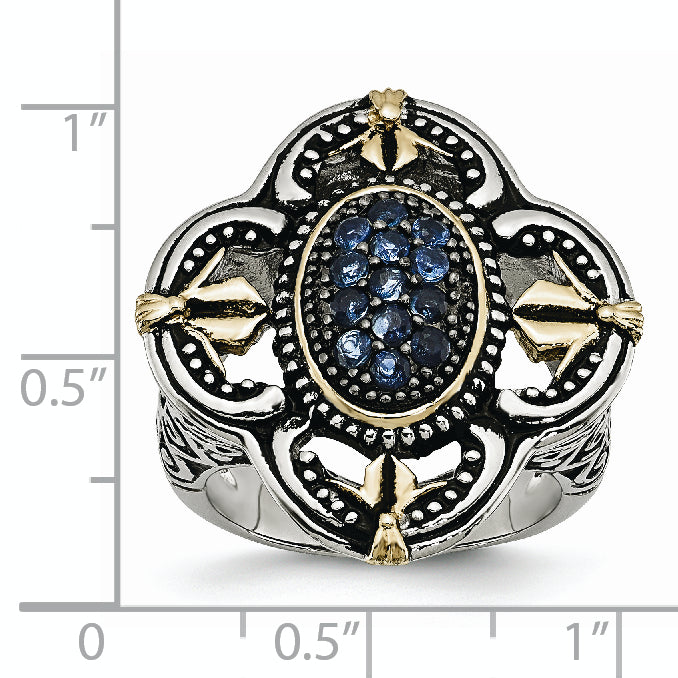 Stainless Steel Blue Glass with Yellow IP-plated Accent Antiqued Ring