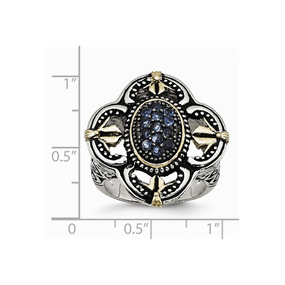 Stainless Steel Blue Glass with Yellow IP-plated Accent Antiqued Ring