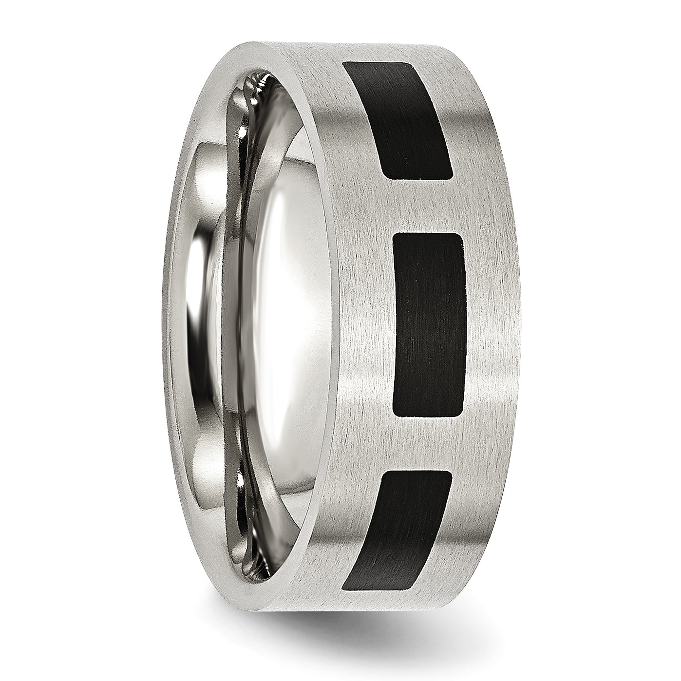 Stainless Steel Brushed WithBlack Rubber 8mm Flat Band