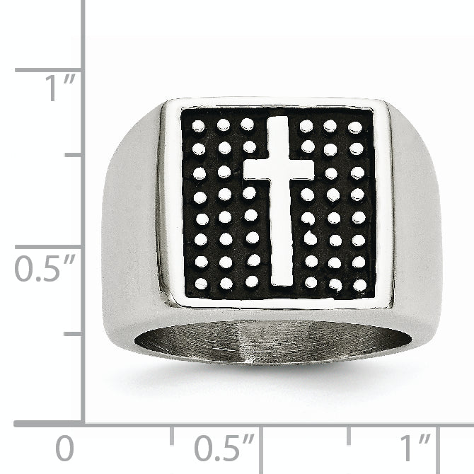 Stainless Steel Antiqued Polished & Textured Cross Signet Ring