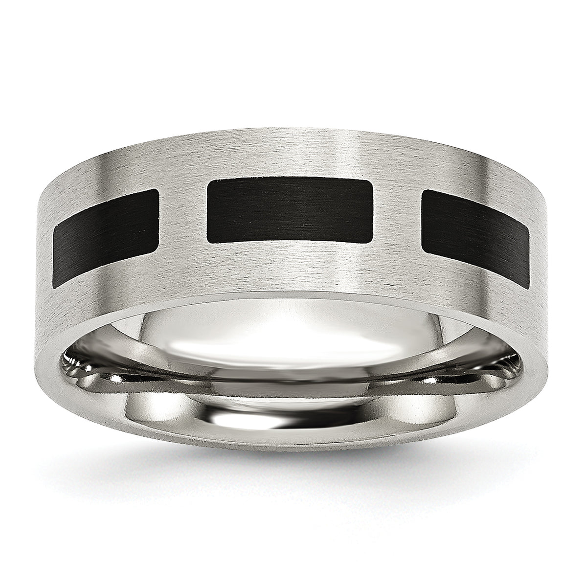 Stainless Steel Brushed WithBlack Rubber 8mm Flat Band