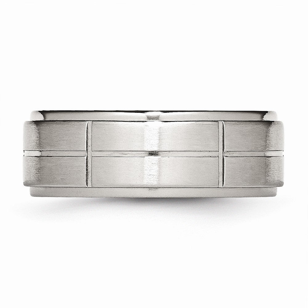 Stainless Steel Wedding Band with Grooved Brushed Polished Edge Engravable by Sophia Jewelers