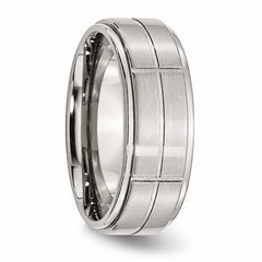 Stainless Steel Wedding Band with Grooved Brushed Polished Edge Engravable by Sophia Jewelers