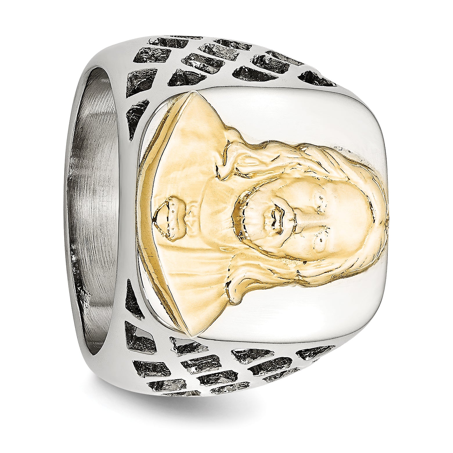 Stainless Steel with Sterling Silver Jesus Yellow IP-plated Polished Ring