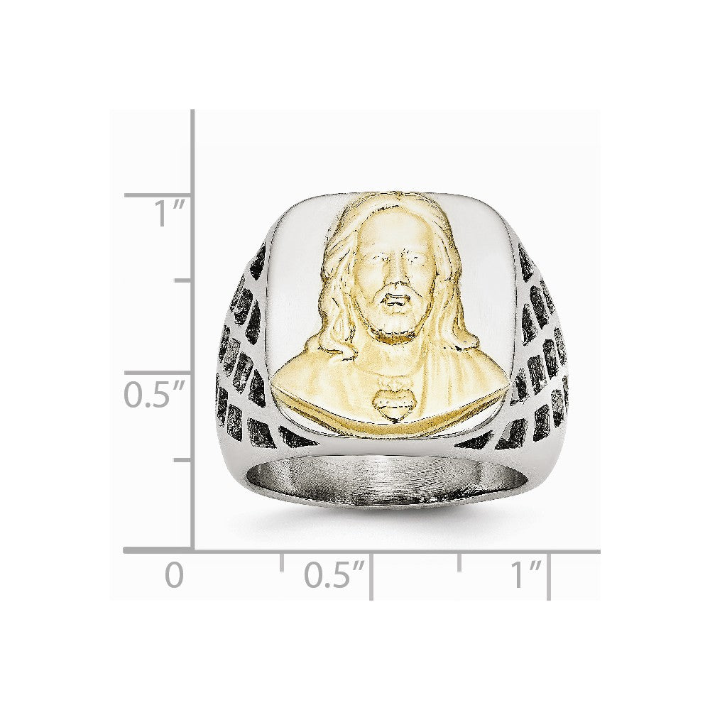 Stainless Steel with Sterling Silver Jesus Yellow IP-plated Polished Ring