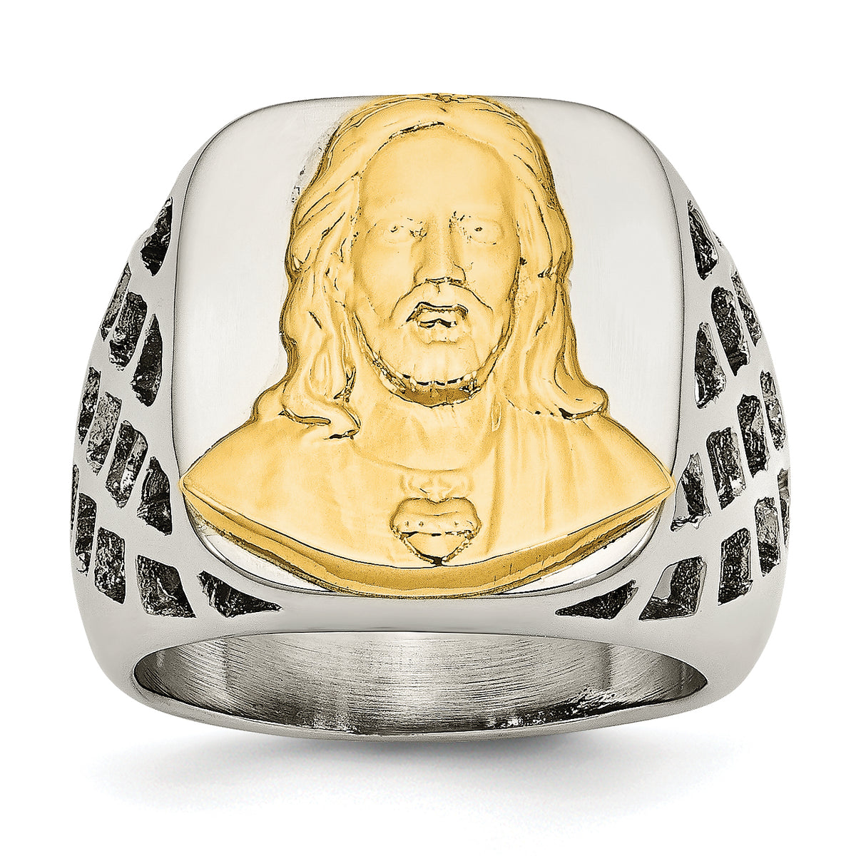 Stainless Steel with Sterling Silver Jesus Yellow IP-plated Polished Ring